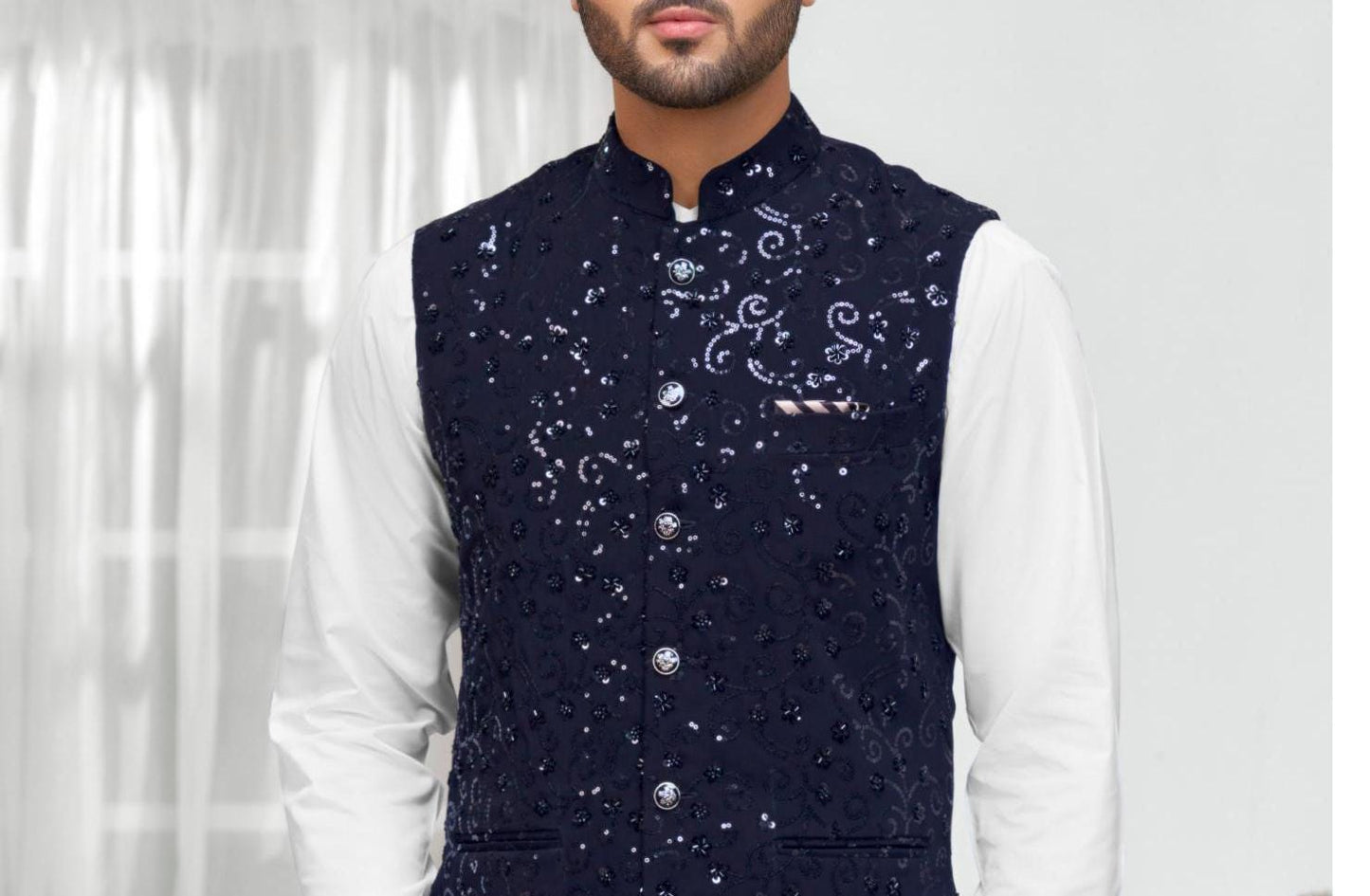 Navy Blue Nehru Jacket: Handwork Modi Jacket, Groom Wedding Attire