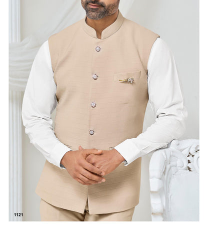 Beige Modi Jacket for Men: Indian Wedding Nehru Waistcoat
