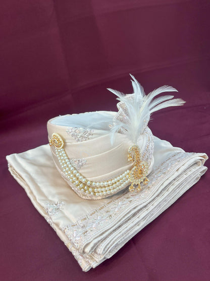 Cream Wedding Turban & Shawl Set: Indian Groom Safa Combo