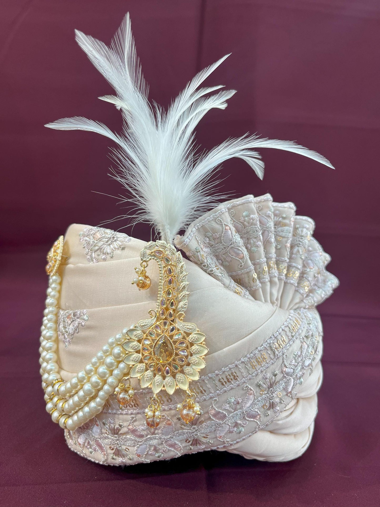 Cream Wedding Turban & Shawl Set: Indian Groom Safa Combo