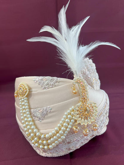 Cream Wedding Turban & Shawl Set: Indian Groom Safa Combo