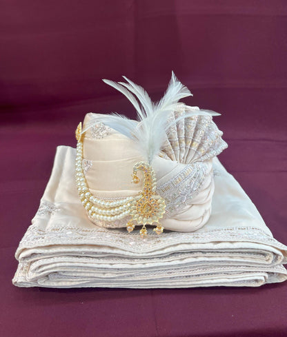 Cream Wedding Turban & Shawl Set: Indian Groom Safa Combo