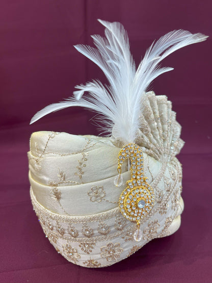Champagne Ivory Wedding Turban & Shawl Set, Indian Groom Safa Combo