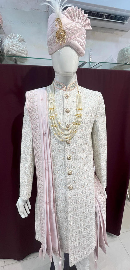 Handcrafted White Sherwani, Wedding Suit