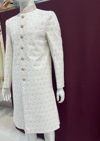 Handcrafted White Sherwani, Wedding Suit