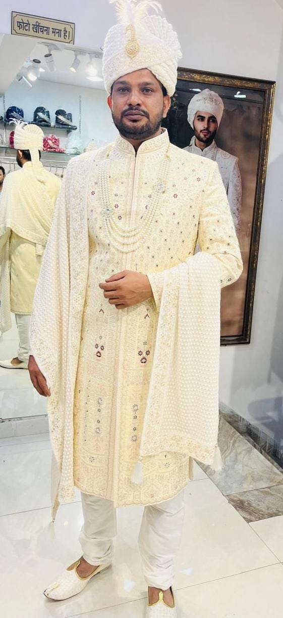 Cream Groom Sherwani: Indian Wedding Outfit