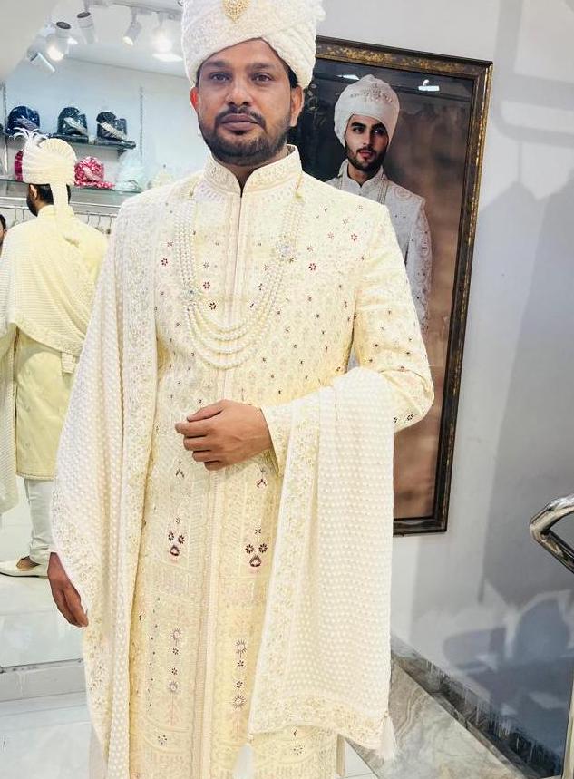 Cream Groom Sherwani: Indian Wedding Outfit