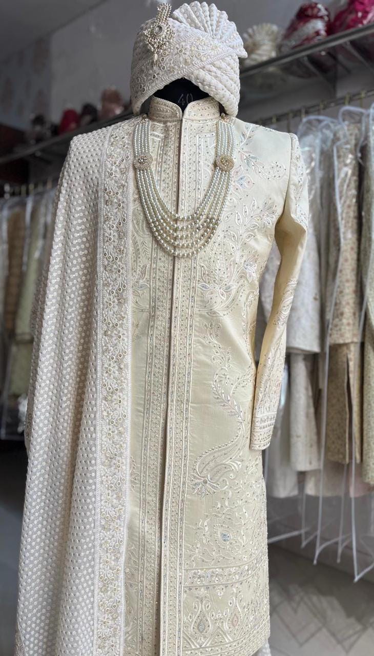 Thread Embroidered Sherwani: Indian Wedding Groom Outfit