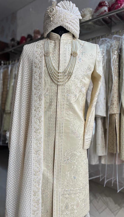 Thread Embroidered Sherwani: Indian Wedding Groom Outfit