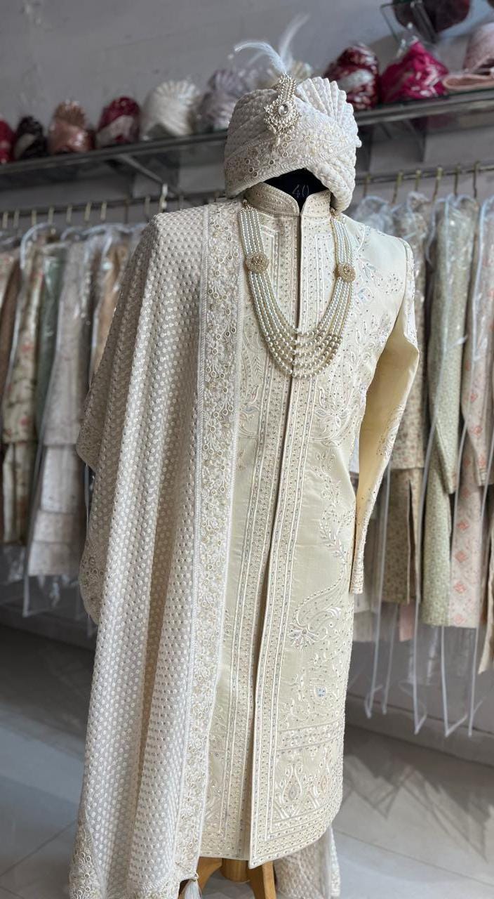 Thread Embroidered Sherwani: Indian Wedding Groom Outfit