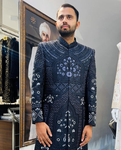 Glossy Black Indo Western Sherwani, Indian Groom Wedding Outfit