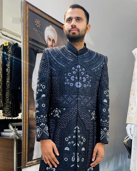 Glossy Black Indo Western Sherwani, Indian Groom Wedding Outfit