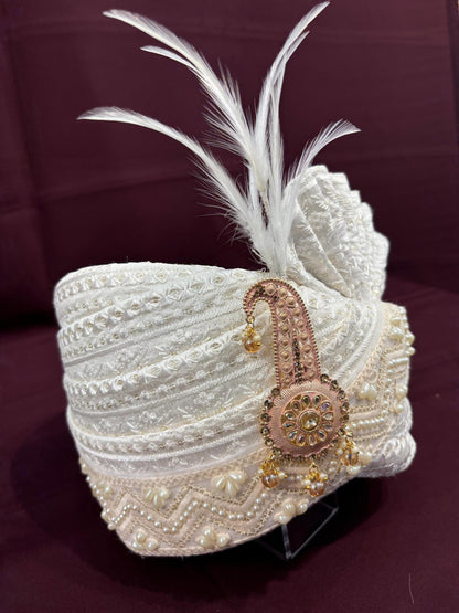 Ivory Wedding Turban & Shawl Set: Indian Groom Safa