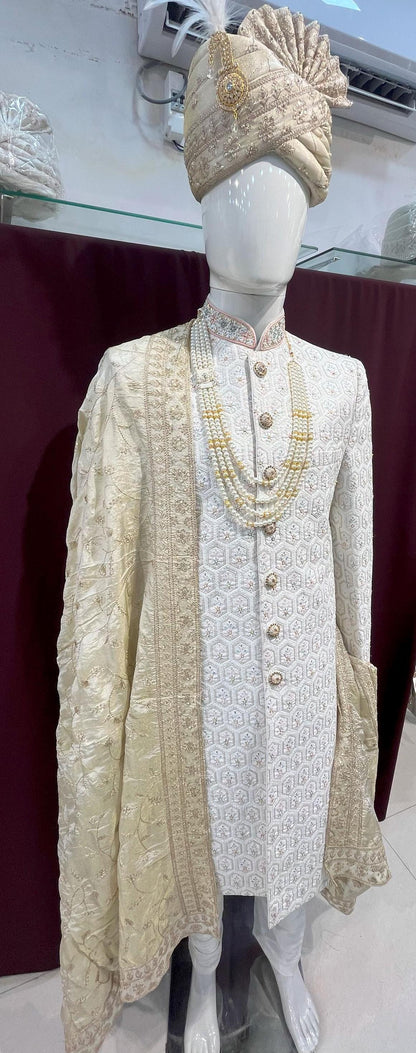 Champagne Ivory Wedding Turban & Shawl Set, Indian Groom Safa Combo