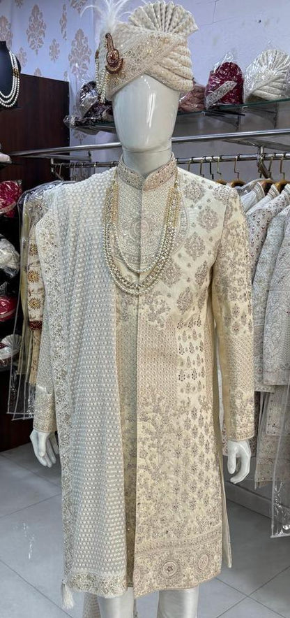 Beige Sherwani for Groom: Indian Wedding Outfit