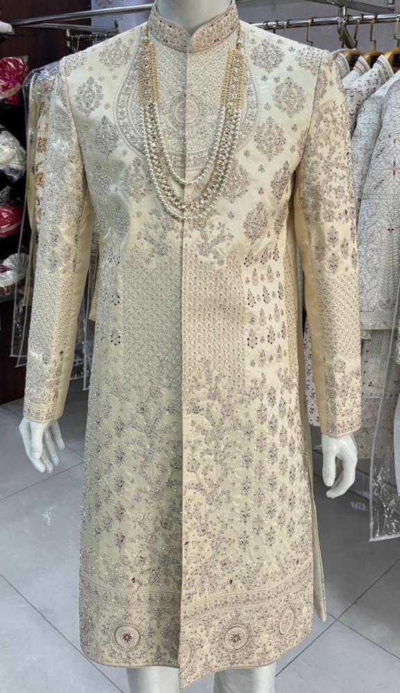 Beige Sherwani for Groom: Indian Wedding Outfit