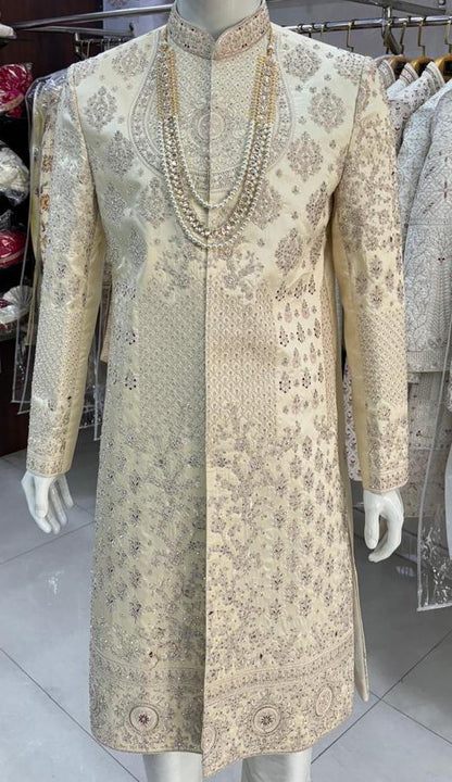 Beige Sherwani for Groom: Indian Wedding Outfit