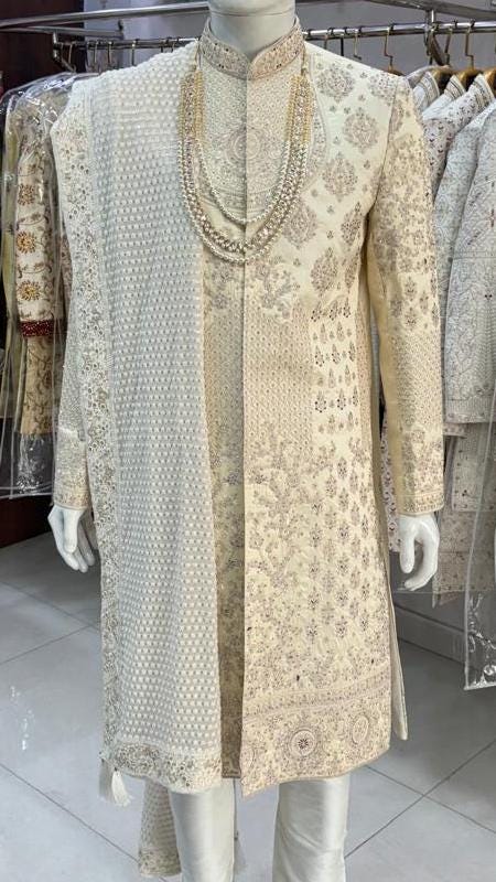 Beige Sherwani for Groom: Indian Wedding Outfit