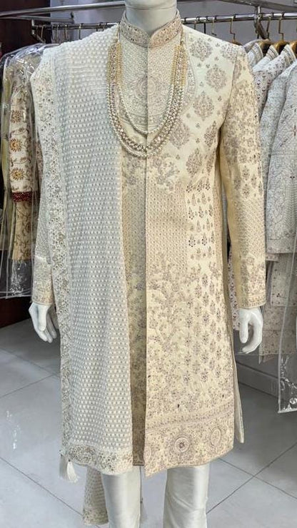 Beige Sherwani for Groom: Indian Wedding Outfit