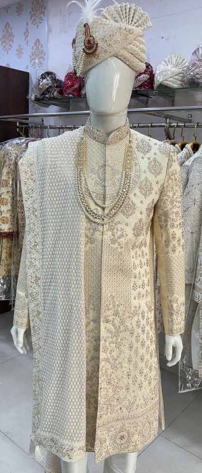 Beige Sherwani for Groom: Indian Wedding Outfit