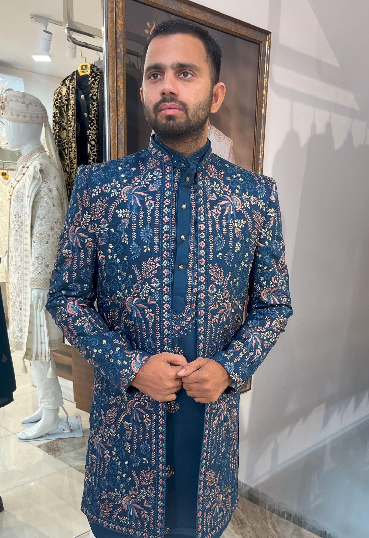 Floral Embroidered Sherwani Suit: Indian Wedding Groom Outfit