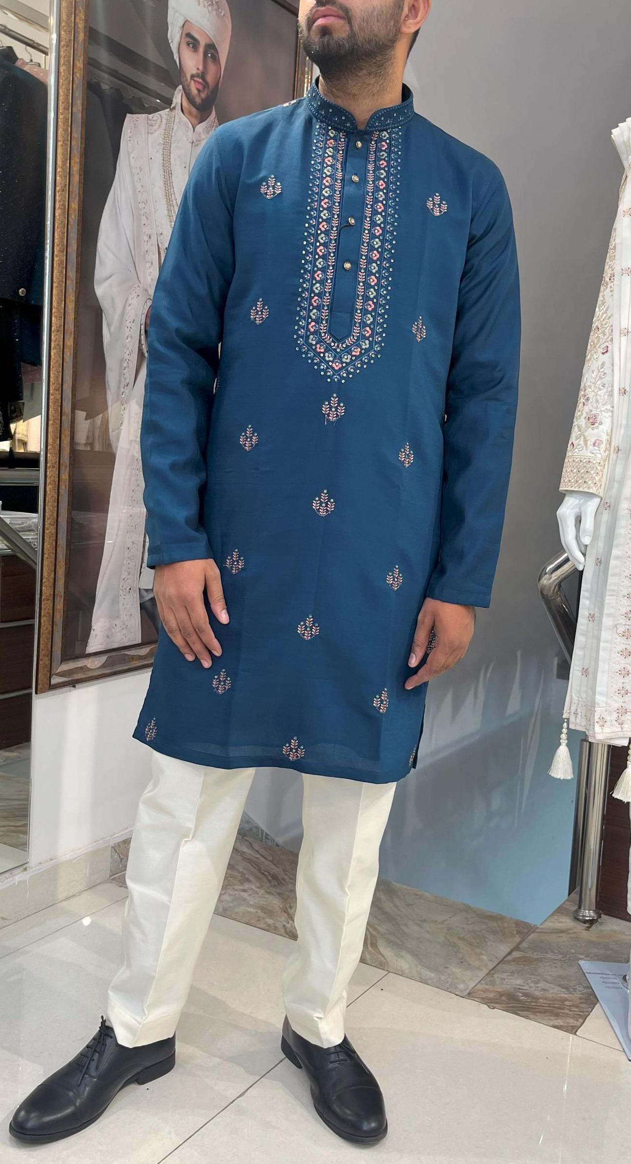 Floral Embroidered Sherwani Suit: Indian Wedding Groom Outfit