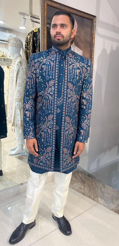 Floral Embroidered Sherwani Suit: Indian Wedding Groom Outfit