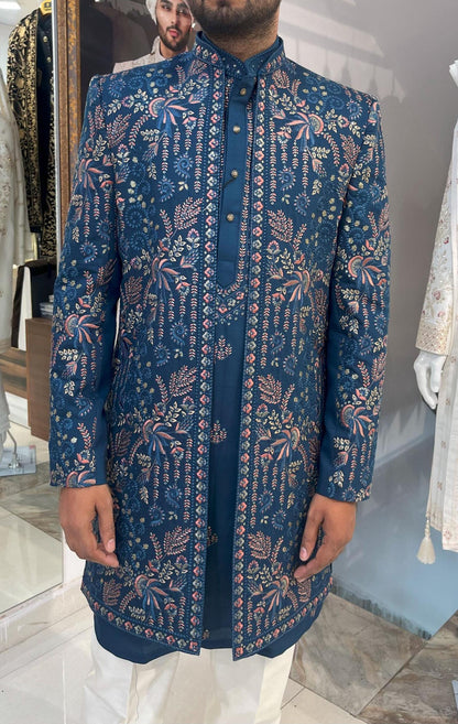 Floral Embroidered Sherwani Suit: Indian Wedding Groom Outfit