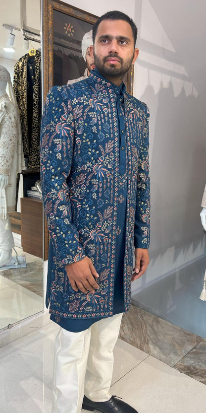 Floral Embroidered Sherwani Suit: Indian Wedding Groom Outfit