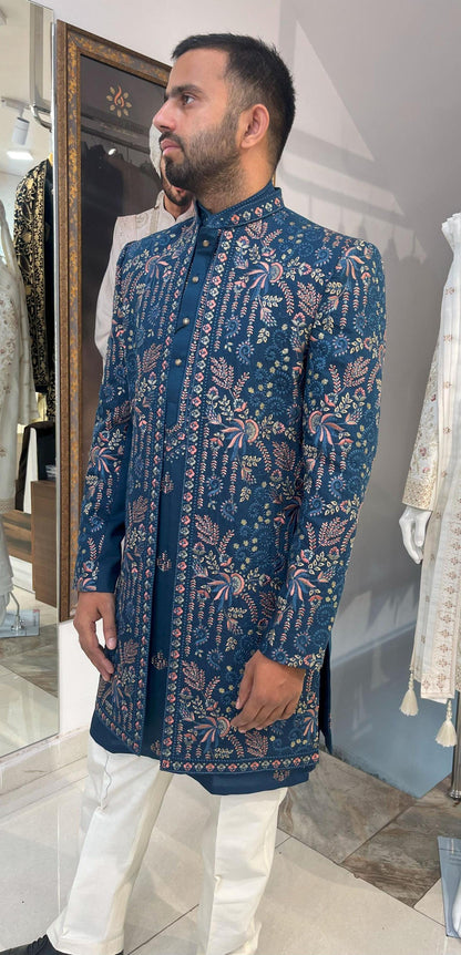 Floral Embroidered Sherwani Suit: Indian Wedding Groom Outfit