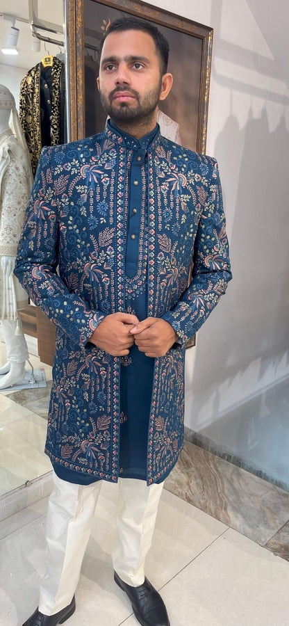 Floral Embroidered Sherwani Suit: Indian Wedding Groom Outfit