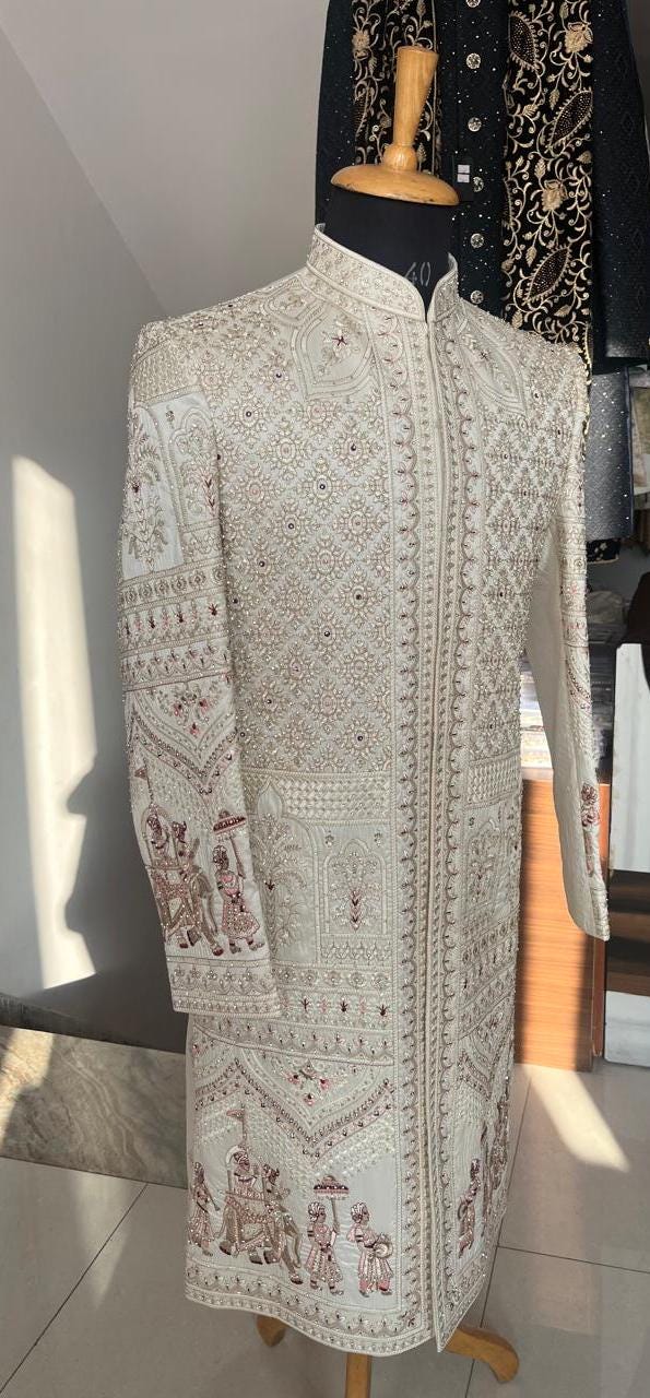 Elegant Ivory Sherwani for Groom, Custom Outfit for Indian Wedding