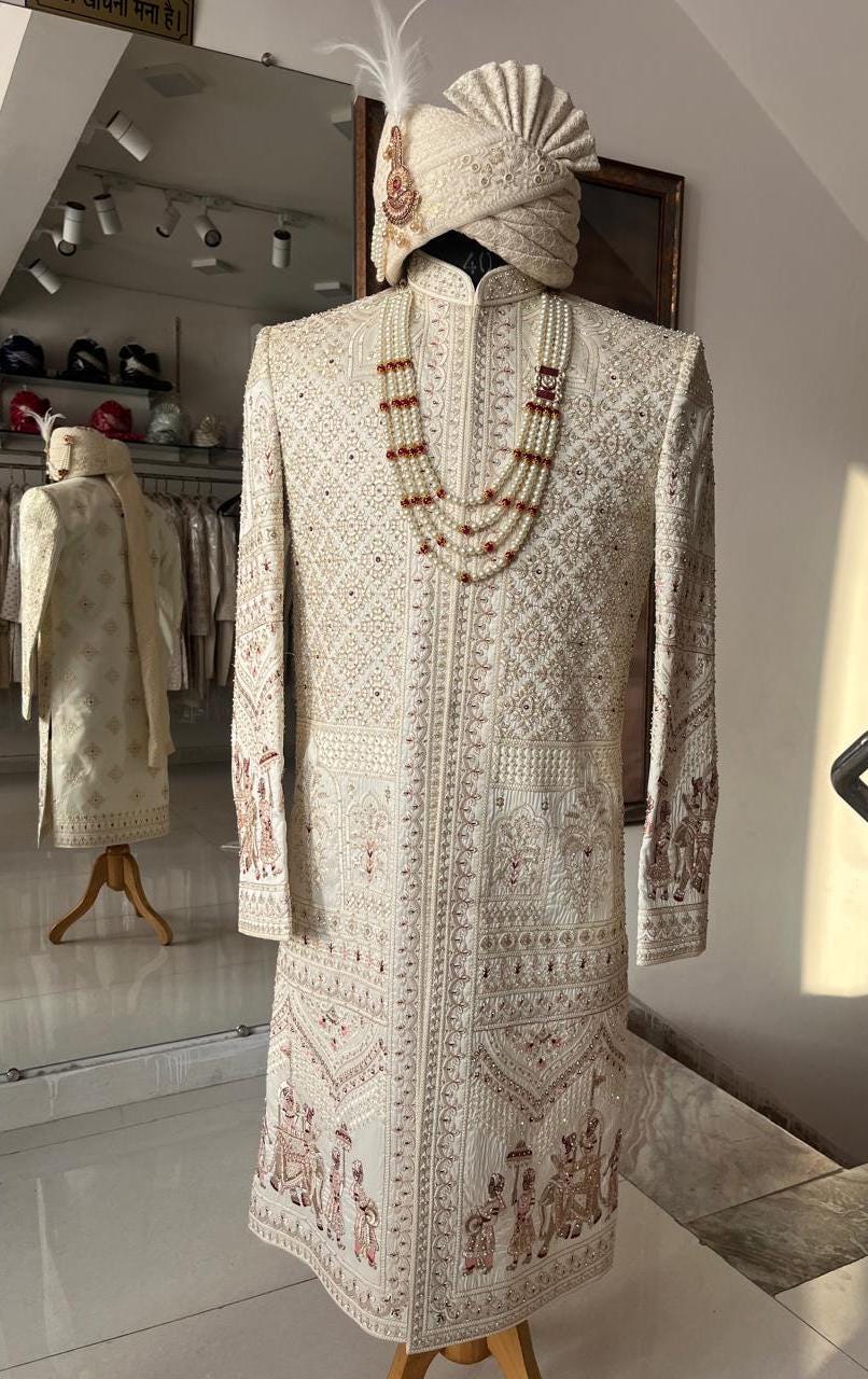 Elegant Ivory Sherwani for Groom, Custom Outfit for Indian Wedding