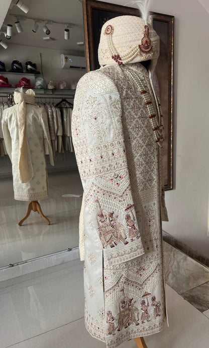 Elegant Ivory Sherwani for Groom, Custom Outfit for Indian Wedding