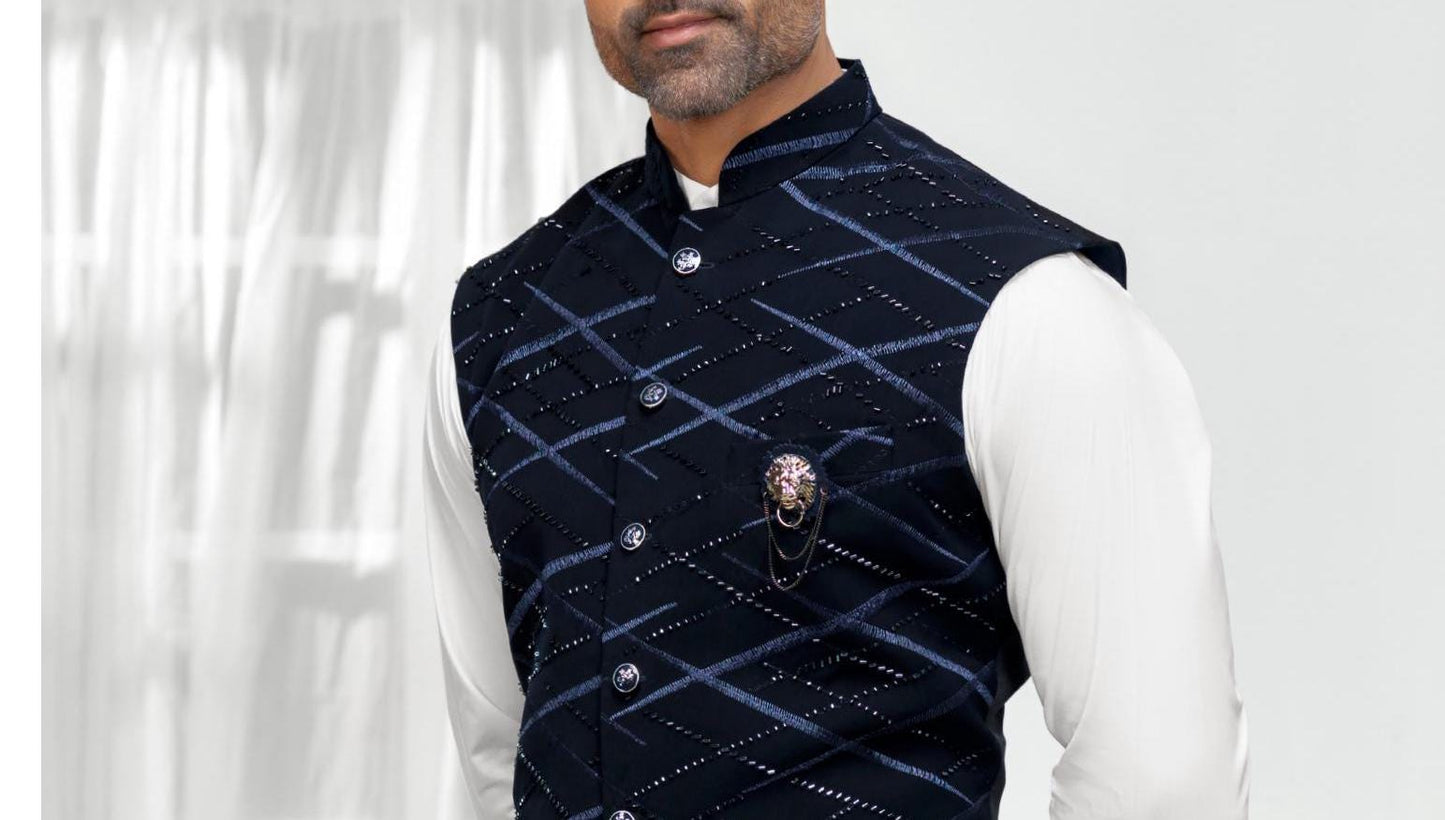 Blue Nehru Jacket: Men's Wedding Groom Handwork Waistcoat