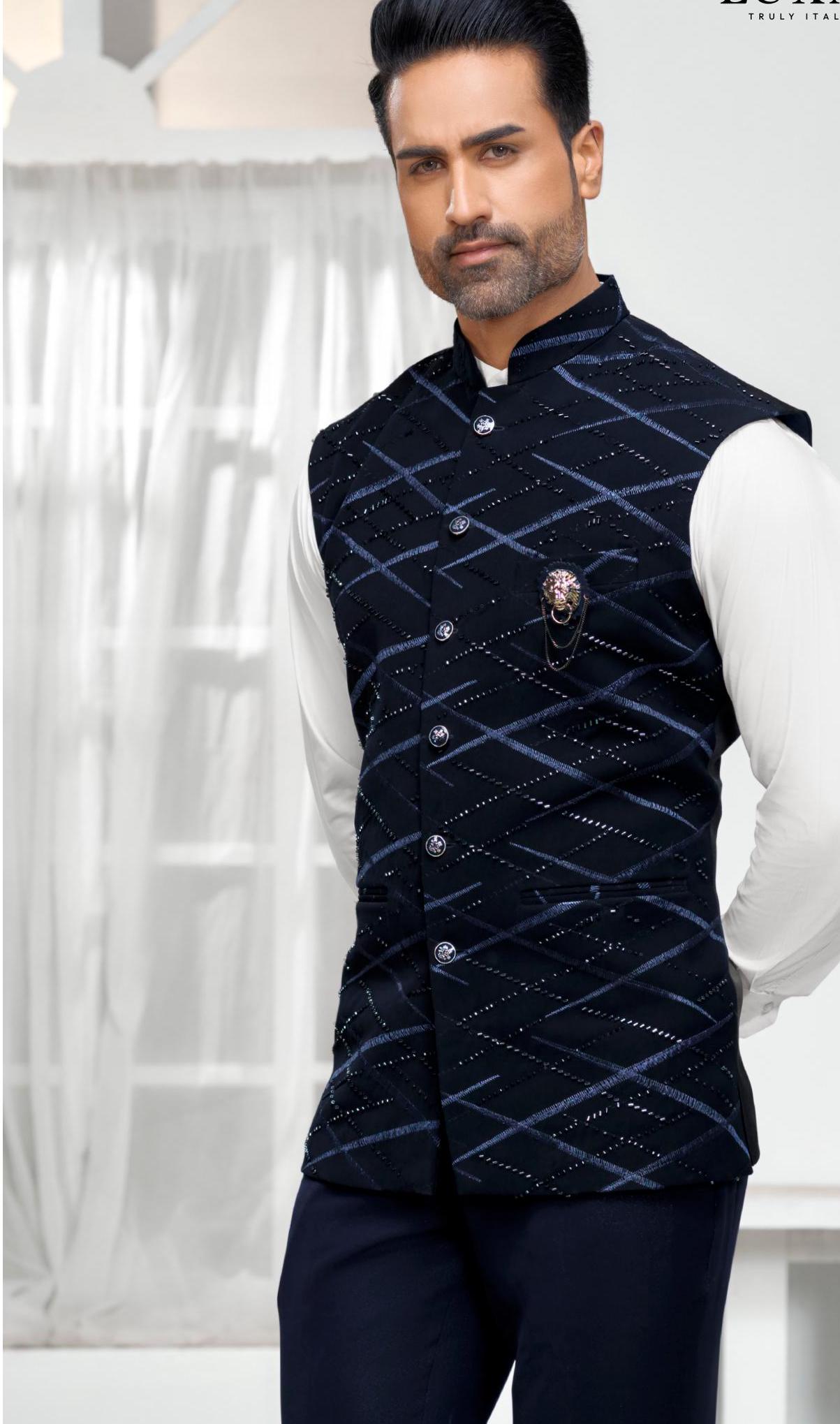 Blue Nehru Jacket: Men's Wedding Groom Handwork Waistcoat
