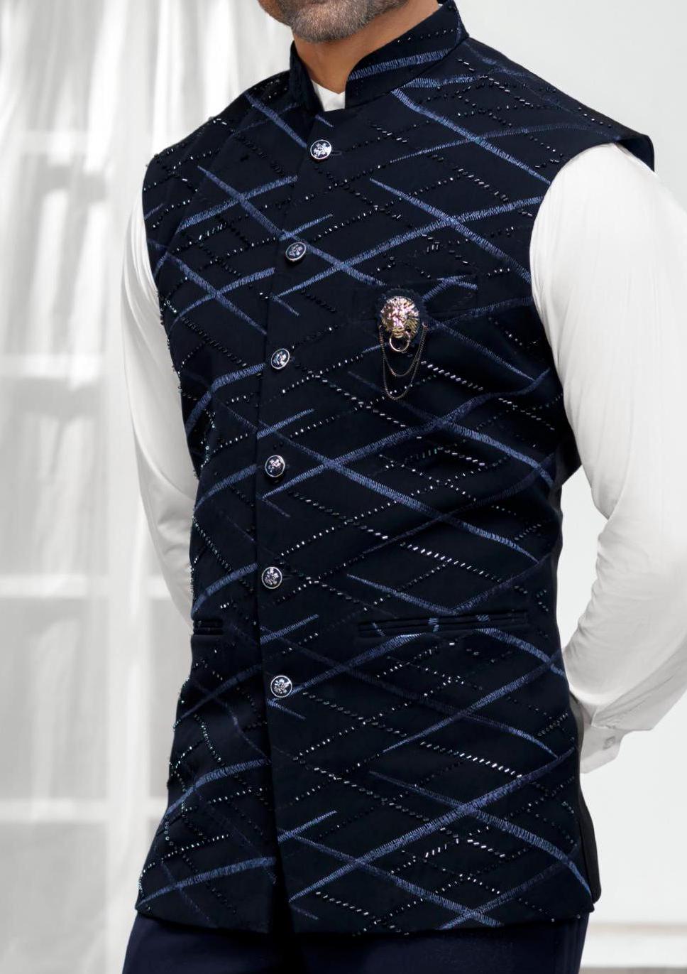 Blue Nehru Jacket: Men's Wedding Groom Handwork Waistcoat
