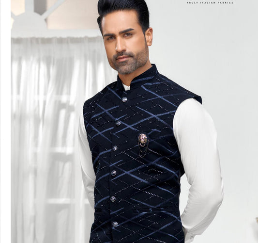 Blue Nehru Jacket: Men's Wedding Groom Handwork Waistcoat