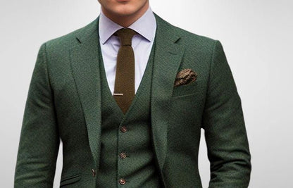 Green Wool Tweed Suit, Classic 3 Piece Men's Suit