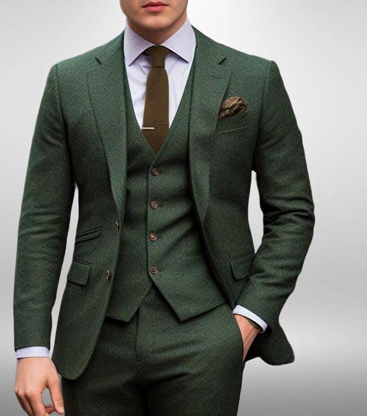 Green Wool Tweed Suit, Classic 3 Piece Men's Suit