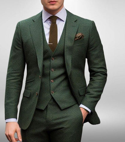 Green Wool Tweed Suit, Classic 3 Piece Men's Suit