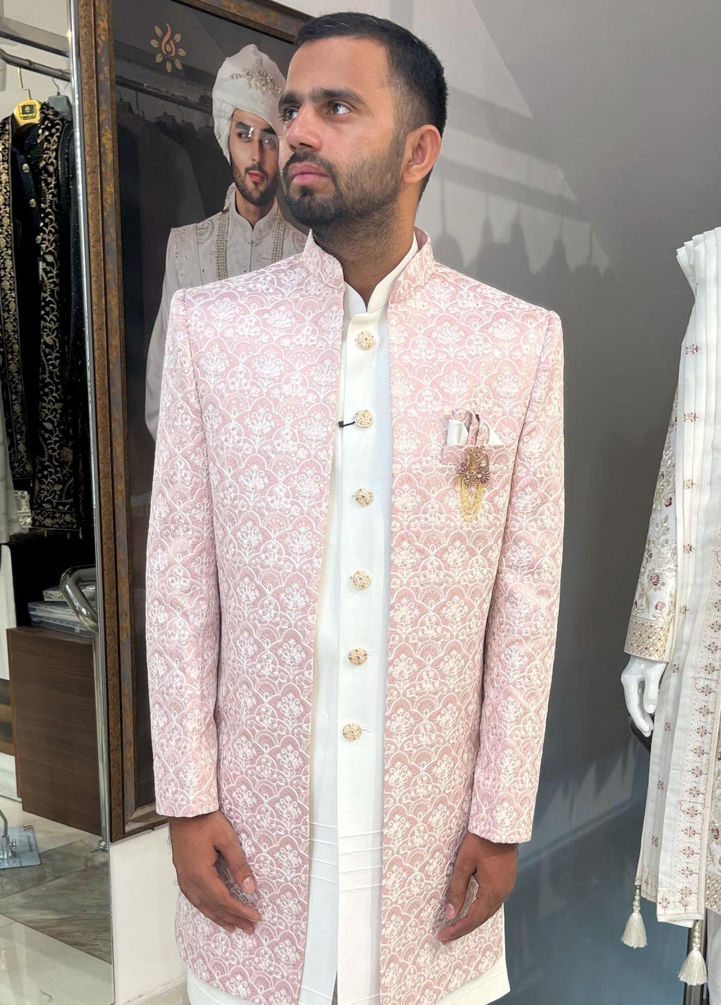 Pink Indian Groom Sherwani, Handcrafted Wedding Dress