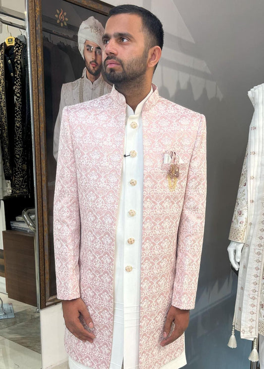 Pink Indian Groom Sherwani, Handcrafted Wedding Dress