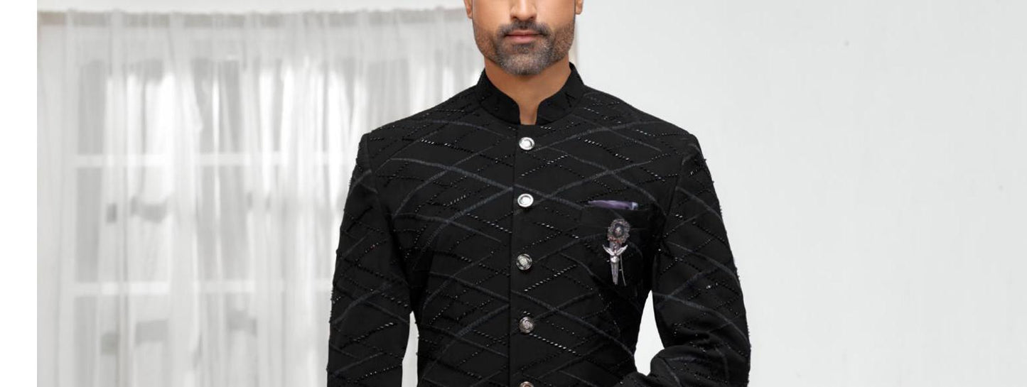 Majestic Black Jodhpuri Suit: Handwork Groom Wedding Outfit