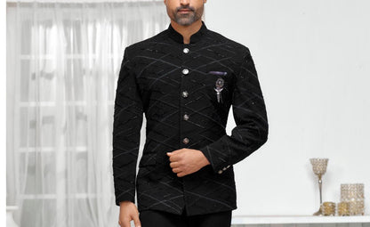 Majestic Black Jodhpuri Suit: Handwork Groom Wedding Outfit