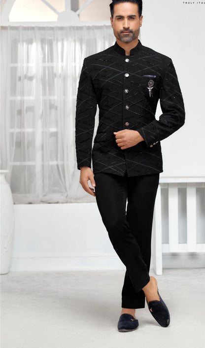 Majestic Black Jodhpuri Suit: Handwork Groom Wedding Outfit