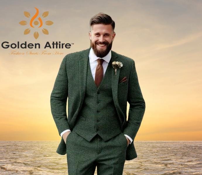 Green Tweed 3 Piece Suit, Bespoke Men's Wedding Suit