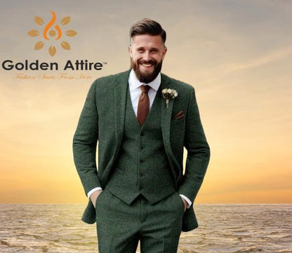 Green Tweed 3 Piece Suit, Bespoke Men's Wedding Suit