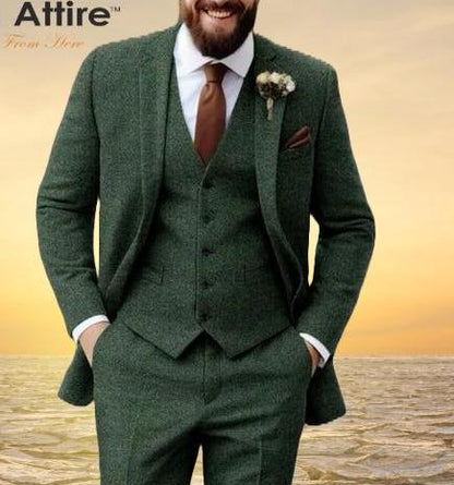 Green Tweed 3 Piece Suit, Bespoke Men's Wedding Suit