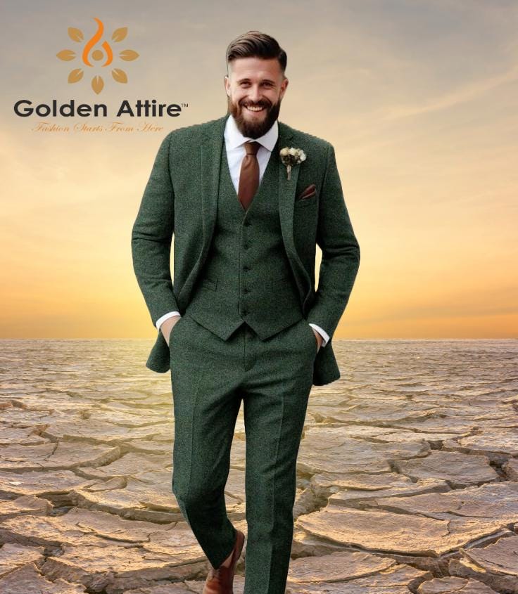Green Tweed 3 Piece Suit, Bespoke Men's Wedding Suit